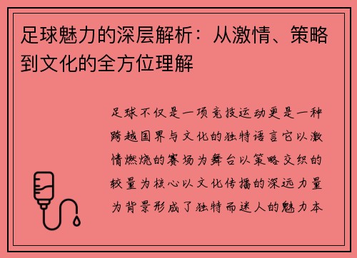 足球魅力的深层解析：从激情、策略到文化的全方位理解