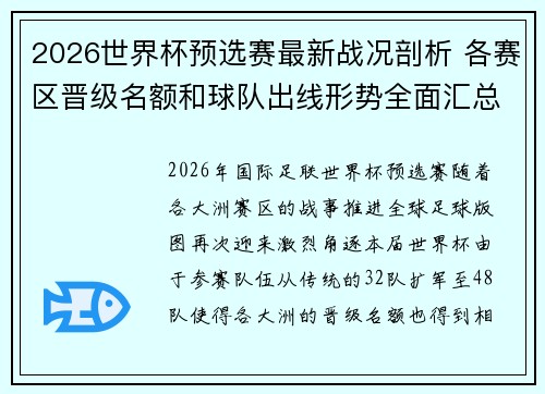 2026世界杯预选赛最新战况剖析 各赛区晋级名额和球队出线形势全面汇总