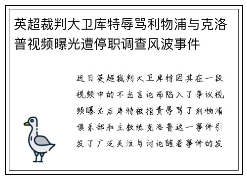 英超裁判大卫库特辱骂利物浦与克洛普视频曝光遭停职调查风波事件 英超裁判大卫库特辱骂利物浦与克洛普视频曝光遭停职调查风波事件
