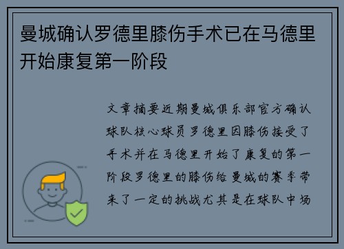 曼城确认罗德里膝伤手术已在马德里开始康复第一阶段 曼城确认罗德里膝伤手术已在马德里开始康复第一阶段